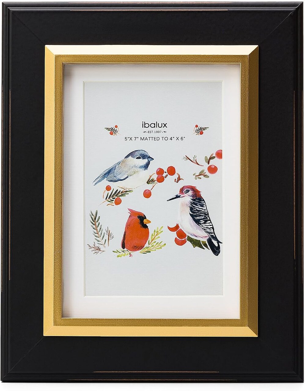 5×7 Black Wood Picture Frame with Real Glass, Gold Inner Trim, 4×6 Mat Opening, Suitable for Vertical or Horizontal Display on Tabletop or Wall